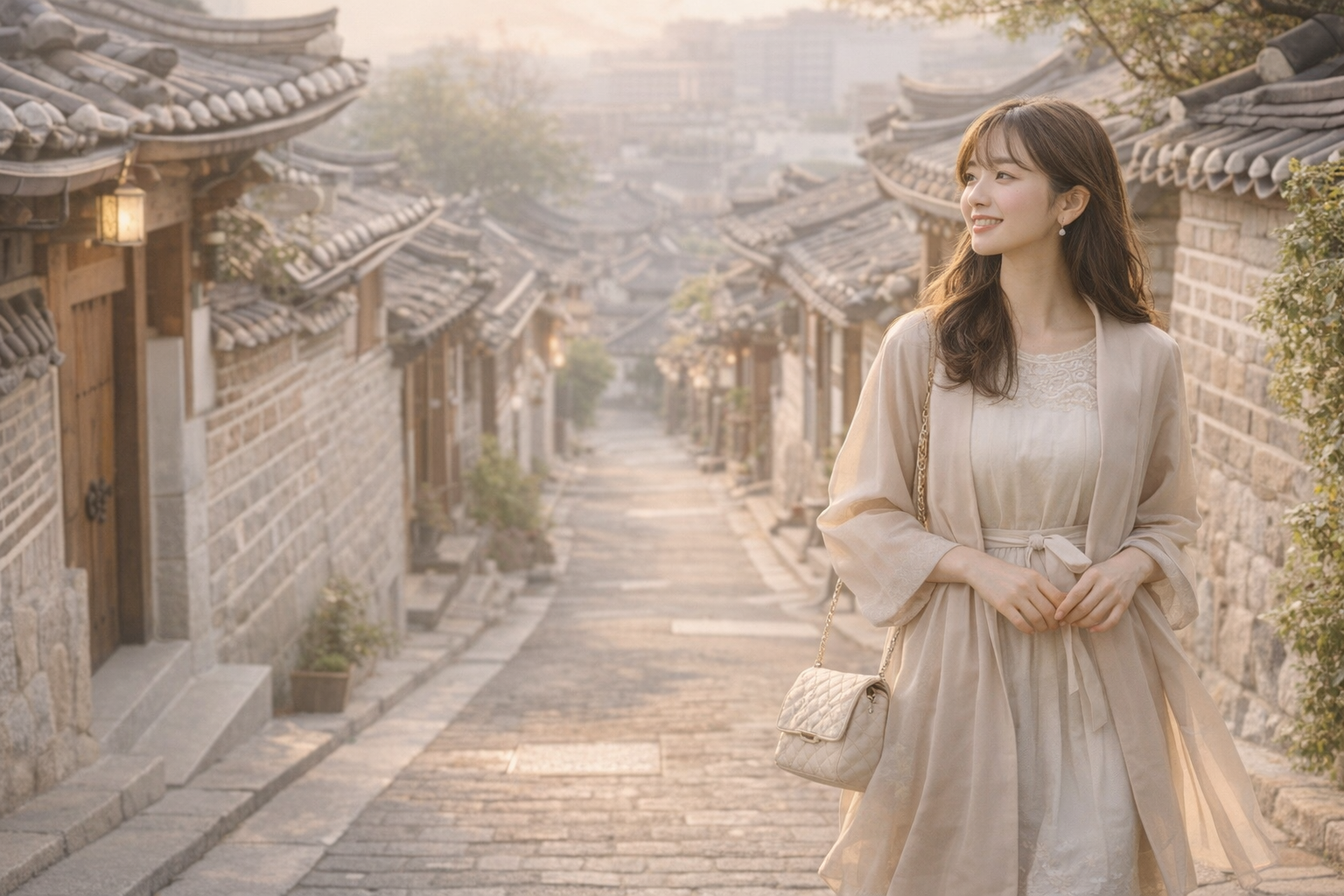 北村韓屋村の韓屋が連なる坂道を、やさしい色合いの服で静かに散策する女性を描いたソウル旅行イメージ